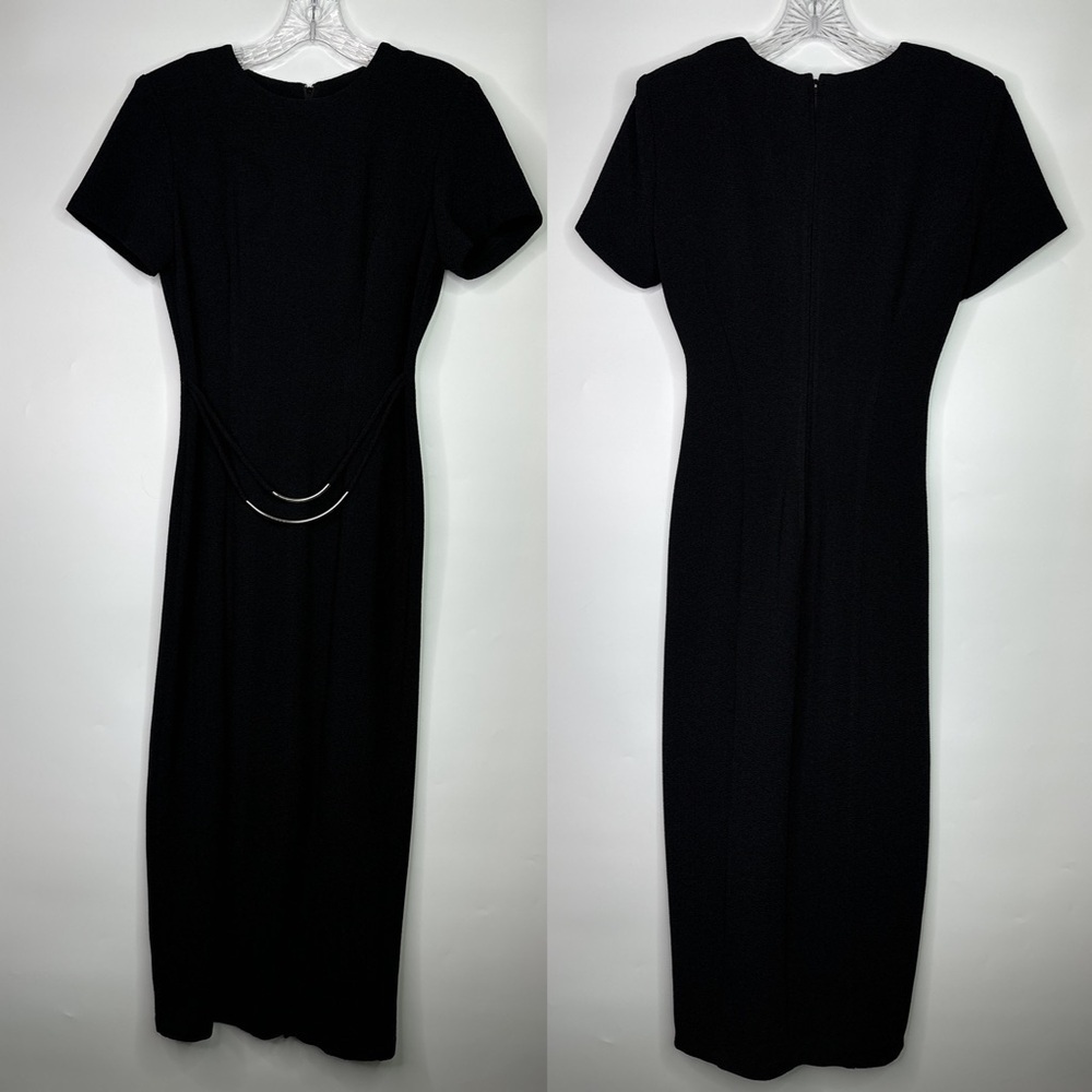 Vintage Scarlett Black Draped Belt Midi Dress Size 5/6 90s